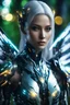 Placeholder: Close up Facing Front night Photography Realistic High Details,Natural Beauty,Beautiful Angel Pretty woman cyborg cybernetic ,futuristic warframe armor,wings ,in Magical Forest full of lights colors,glowing in the dark, Photography Art Photoshoot Art Cinematic Soft Blur Colors