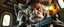 Placeholder: gritty air brush 3d with pen outline,seasoned handsome gunslinger western fluffy elder woman edgy hero with slightly glowing eyes and nudged dented skin in front of glistening space tardigrade dog, shallow depth of field, warm lantern, pin hole cam in darkened doll house space ship, bottom floor board edge border