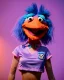 Placeholder: hybrid character, waitress sexy woman with monster muppet mask that covers her entire head, pink and blue, short shirt, tray, old school tattoo, retro style, Sesame Street style, hot, smooth, unreal engine 5, god lights, ray tracing, RTX, lumen lighting, ultra detail, volumetric lighting, 3d.