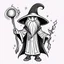 Placeholder: Make black and white cute drawing of a Wizard with black bold lines. Only outline, no grayscale. A wise-looking wizard wearing a tall, star-covered hat and a long robe. He’s holding a staff in one hand and casting a spell with the other, with glowing runes floating around him.
