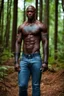 Placeholder: Alimi Ballard as muscular man bald with tribal tattoos wearing jeans and a teeshirt in a forest