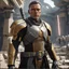 Placeholder: star wars bald male corellian pilot wearing pearlescent black and gunmetal grey First Order special forces heavy assault armor and helmet with gold trim inside the jedi temple, centered portrait, hyperdetailed, dynamic lighting, hyperdetailed background, 8k resolution, volumetric lighting, light skin, fully symmetric details