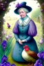 Placeholder: Friendly witch, playing with hens, perfect iris, pastel colours, style Beatrix Potter