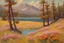 Placeholder: Sunny day, pine trees, mountains, prairie, flowers, lake, rocks, spring, otto pippel impressionism painting