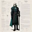 Placeholder: character concept sheet with AD&D statistics and characteristics, [illustration by David Hockney] the dark keeper character class, his powers are Time Laps Back, Retain and night vision