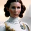 Placeholder: stunning half-body-portrait photo of princess leia from Star Wars played by Carrie Fisher, wlop, artgerm, akihiko yoshida, and liang xing, detailed face, doe eyes, intricate hair style, symmetrical eyes, trending on artstation, highly detailed, white dress, dynamic pose, intricate outfit, space ship and galaxy background