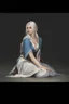 Placeholder: Dnd character on her knees. A female Aaismar twilight cleric with white hair and blue eyes, wearing gray robes. Etreal, beautiful, sexy