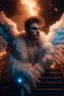 Placeholder: fluffy clouds, close facial portrait of the streetwise magician posing in elaborate cape, angels and demons, fireflies , staircase with closed gates of heaven, 4 k, down light, depth of field, trending art, high detail