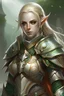 Placeholder: Eladrin Elf, paladin, Mail armor, drawn blade, elven shield on her back, blonde-light brown hair, green eyes, slightly annoyed.