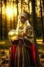 Placeholder: Anime, blonde girl in medieval clothing in large field in the middle of the forest with a globe of light next to her, HD, extreme detail