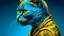 Placeholder: blue background, cat man, wool, fine drawing, high detail, 8K, tattoos, yellow flower