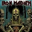 Placeholder: heavy metal album cover for "IRON MAIDEN" band titled "CHURCH OF MADNESS", featuring Iron Maiden mascot "Eddie", "eddie" in priest outfit, Derek Riggs artist, Iron Maiden font for text