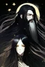 Placeholder: Celestial anime woman, long black hair, with bearded man