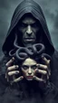 Placeholder: Portrait of aa evil gray skin male hooded Cary with both hands a head of a woman with snakes in her hair of witch in front. A lot of smoke on the background