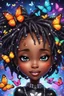 Placeholder: A sassy futurism ABSTRACT colorful art cartoon black chibi girl LOOKING DOWN, surrounded by colorful BUTTERFLIES. Looking up coyly, she grins widely, showing her platinum and diamond cap teeth. Highly detailed black shiny dread locs , regal expression.