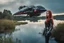 Placeholder: Wide-angle, full body and headshot of a skinny young woman, with long straight red hair, dressed in a robotic-looking catsuit, standing next to a lake with a crashed spaceship.