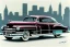 Placeholder: a true-to-life 1946 cadillac series 62 sedanette, centered, intricate, extreme detailed, photorealism, center view, city background, pivot on cadillac, pen and color marker painting by cheryl kelley