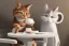 Placeholder: A cat wearing clothes is sitting at a table eating sushi. Manga style. Perfect iris. Paws. Mug with cat face