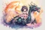 Placeholder: a cute anime chibi princess sitting on a wild chinese dragon and dynamically riding it, melting watercolor and black ink outlines on wet paper, soft, shading strokes, in sunshine, ethereal, otherwordly, cinematic postprocessing, bokeh, dof