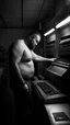 Placeholder: sardininan strong chubby 36 year old man in bulging tracksuit, short beard, shirtless, printer in an old printing house, next to a huge old printer, dim light, side light, ambient occlusion