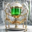 Placeholder: a futuristic electronic tea cup with a golden handle on a hydraulic cylinder,with a green drink inside, on four golden round legs with white silver dragon-shaped frame ribs, in a futuristic white enclosed room where electronic displays, 3d, steampunk hang on the walls without windows.