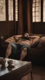 Placeholder: photorealistic, photography, full figure shot, an hairy men sleeping over an old sofa, hands behind the neck, Realistic photography, shirtless, shorts, well defined facial features, muscular chubby sweat dirty marocan, ugly , 34 years old , open legs, manly chest, big shoulders, manly torso, long beard , very dark living room, dim light, ambient occlusion, view angle from below, frontal view from the ground