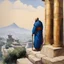 Placeholder: (Art by Victor Man, 2023), gangsta monk on the hill, He is leaning against a column in the temple, huile sur papyrus, 60 x 84 cm