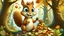 Placeholder: The image captures Sesame, the little squirrel, joyfully climbing a tree in a serene forest. His face reflects curiosity and delight, and in his hands, he holds a collection of nuts and fruits. The background is filled with autumn trees and colorful leaves, highlighting the beauty of the season and Sesame's unique adventure. Style, cartoon