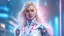 Placeholder: Wide shot of a beautiful blond cyborg smiling girl with long hair, white and pink and blue crystalline clothes, luminous, high detail, realistic photo, digital painting, cinematic, stunning, hyper-realistic, sharp focus, high resolution 8k, insanely detailed, rossdraws style