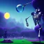 Placeholder: The Grim Reaper and the Skeleton on bubble world, discussing the future of the universe, art by Magritte and Pixar