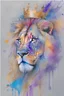 Placeholder: watercolor on transparent background paper, chromatic, zoom, very sharp, splash of colors on a white background, Mixed colors, Sharp detailed Lion with crown, half robot, details on eye, a detailed golden purple sunset fire style, Beach with light blue water, graffiti elements, powerful zen composition, dripping technique, & the artist has used bright, clean elegant, with blunt brown, 4k, detailed –n 9, ink flourishes, liquid fire, clean white background, zoom in,