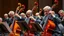 Placeholder: Elderly pensioners playing double bass instruments in an orchestra. Photographic quality and detail, award-winning image, beautiful composition.