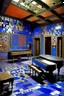 Placeholder: A blue violet mansion with floating instruments designed in ancient Roman mosaics painted by Paul Klee