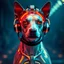 Placeholder: cyborg Ai dog with neuralink headgear, on an inter dimensional catwalk,perfect human face, clear acrylic plastic film, full body shot, catwalk fashion show, iridescent, surreal, Salvador Dali meets pixels,,waterhead, dj style, neon orange,glowing eyes ,clouds, fire