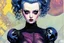 Placeholder: Create and fine print portrait illustration of a sci fi, Goth Girl ball jointed porcelain doll, with finely lined and detailed facial features, short cropped hair, in a ragged gothic dress, fishnet stockings ,battered combat boots, , in the comic book style of Bill Sienkiewicz, Philippe Druillet, and Jean Giraud Moebius, precisely drawn, colored and inked