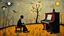 Placeholder: Lonely pianist, folk art surreal; mid-20th century naive art, abstract,