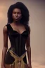 Placeholder: A portrait of a beautiful youthful black woman, wearing a black corset, long black hair, wizard, magical, ethereal, Warm bright lighting. Concept art by wlop. Ultra quality 8k.