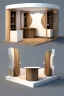 Placeholder: Corner exhibition stand in light colors with wood elements with two meeting areas