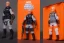 Placeholder: Mike Pence G.I. Joe action figure Doll Space force uniform inside a blister packaging hanging on a Wallrack in toy store, fluorescent orange, toy guns, wide angle shot whole body, black boots, fullsize