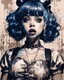 Placeholder: Poster in two gradually, a one side the Singer Melanie Martinez face, full body, painting by Yoji Shinkawa, darkblue and sepia tones,sinister, detailed iridescent, metallic, translucent, dramatic lighting, hyper futuristic, digital art, shot with Sony Alpha a9 Il and Sony FE 200-600mm f/5.6-6.3 G OSS lens, natural light, hyper realistic photograph, ultra detailed -ar 3:2 -q 2 -s 750,malevolent goth vampire girl face and other side