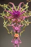 Placeholder: Elaborate skeleton lattice with multicolored blooming alien flowers growing through it.