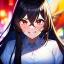 Placeholder: Clear focus, 8k, beautiful lighting, vibrant colors, girl, black long hair, vibrant red eyes, hair in between the eyes, laughing, angry, up close,