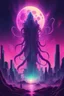 Placeholder: A surreal synthwave landscape featuring a towering cosmic entity with tentacles reaching towards a neon-lit city, under a sky filled with glitching stars, a distorted moon, and dark, swirling cosmic anomalies.