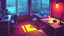 Placeholder: Dimly lit night time gaming room, with a messy bed and a single desk with a gaming PC, two monitors on the desk, gaming chair, bed is in the background under a window, the room is filled with neonlights, night time, atmospheric, detailed.