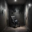 Placeholder: Hyper Realistic wheelchair in between of a dark hallway at night with peeling wall paint & scratch marks on wall