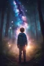 Placeholder: boy in the forest, sparks around her, galaxy on background,