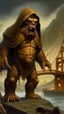 Placeholder: Bosch nightmares paining style Title:the angry giant hooded creature standing tall in front of San Francisco golden bridge , 8k artistic photography, photorealistic concept art, soft natural volumetric cinematic perfect light, chiaroscuro, award-winning photograph, masterpiece, oil on canvas, Raphael, Caravaggio’s, Greg Rutkowski, people, beksinski, Giger