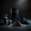 Placeholder: Realistic photograph of a dark studio setting with a shaker for protein powder, a scoop of protein powder and a protein powder bucket. High resolution.