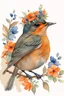 Placeholder: This enchanting, extremely detailed watercolor features a 3/4 closeup portrait of a vibrant Robin, adorned with flowers and a foliage crown, setting on a branch against a heavily textured beige background. nature and whimsy in a botanical style. The piece boasts warm orange and cool blue hues. .