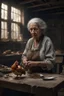 Placeholder: "A an old paints cracked dirty abandoned barn an old woman holding a chicken from the neck in one hand and holding a knife on the other hand on the table , , insanely detailed octane render trending on artstation, 8k artistic photography, photorealistic concept art, soft natural volumetric cinematic perfect light, chiaroscuro, award-winning photograph, masterpiece, oil on canvas, Raphael, Caravaggio, Greg Rutkowski, people, beksinski, Giger